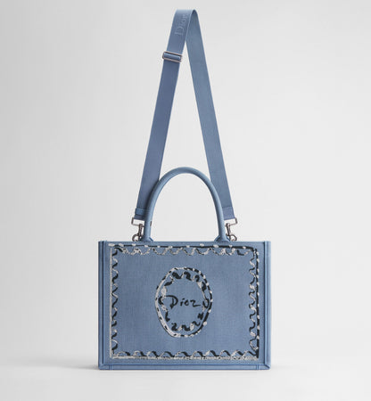 Women's Medium Book Tote With Blue-Greige Painted Ribbon And Shoulder Strap