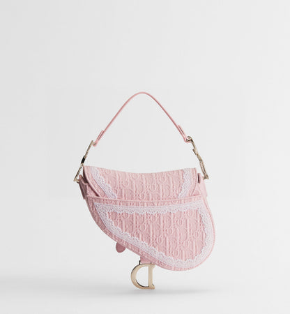 Women's Small Saddle Bag With Soupir Pink Oblique Embroidery And White Lace And Strap