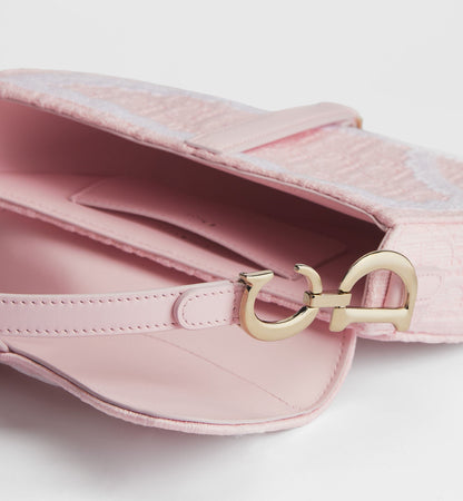 Women's Small Saddle Bag With Soupir Pink Oblique Embroidery And White Lace And Strap