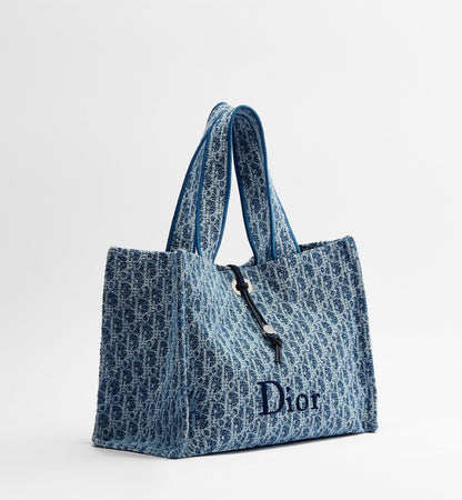 Women's Medium Spongy Book Tote With Blue Textured Fabric And Drawstring Closure