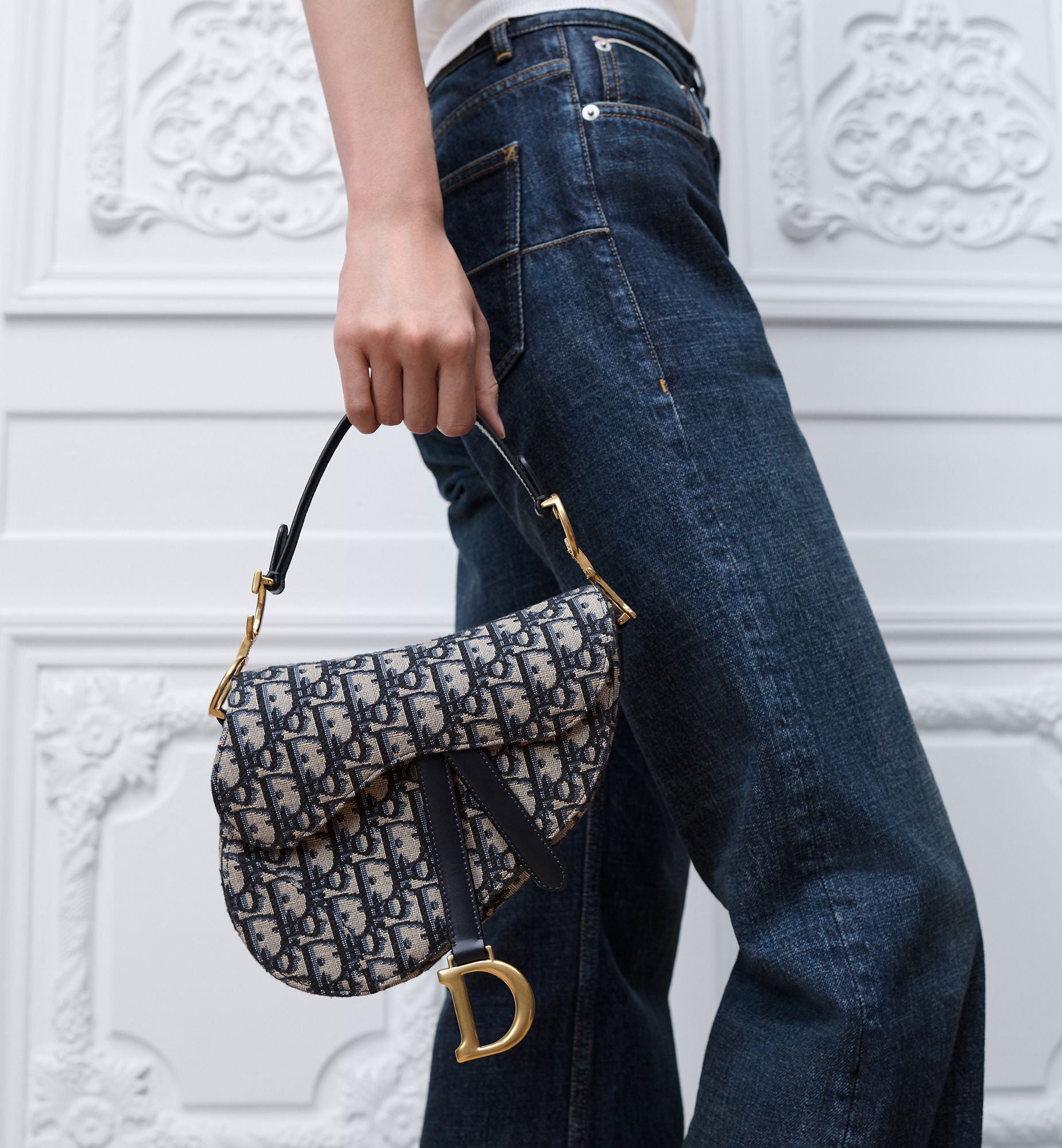 Women's Small Saddle Bag With Blue Oblique Jacquard And Strap