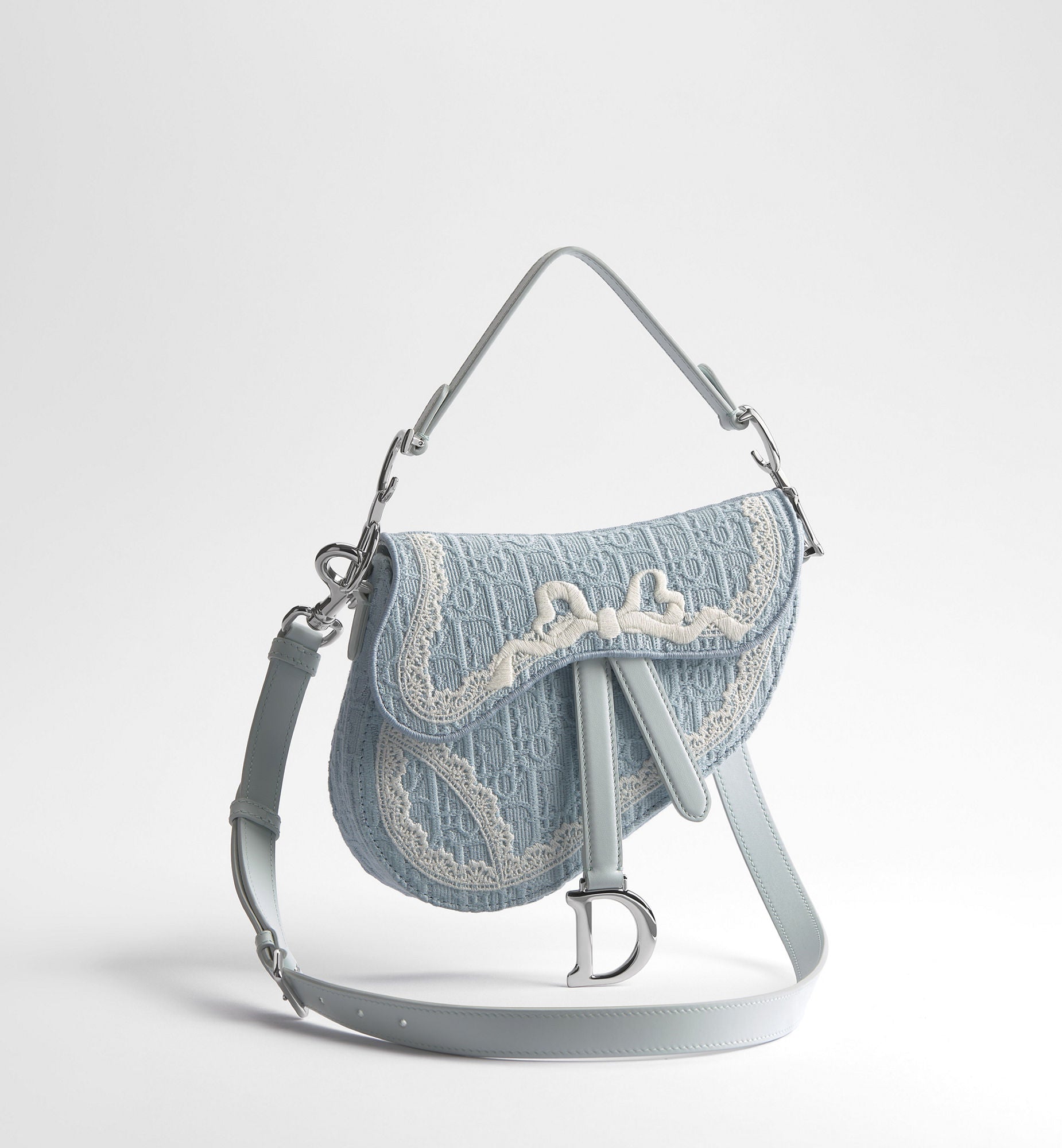 Women's Small Saddle Bag With Céleste Blue Oblique Embroidery And White Lace And Strap