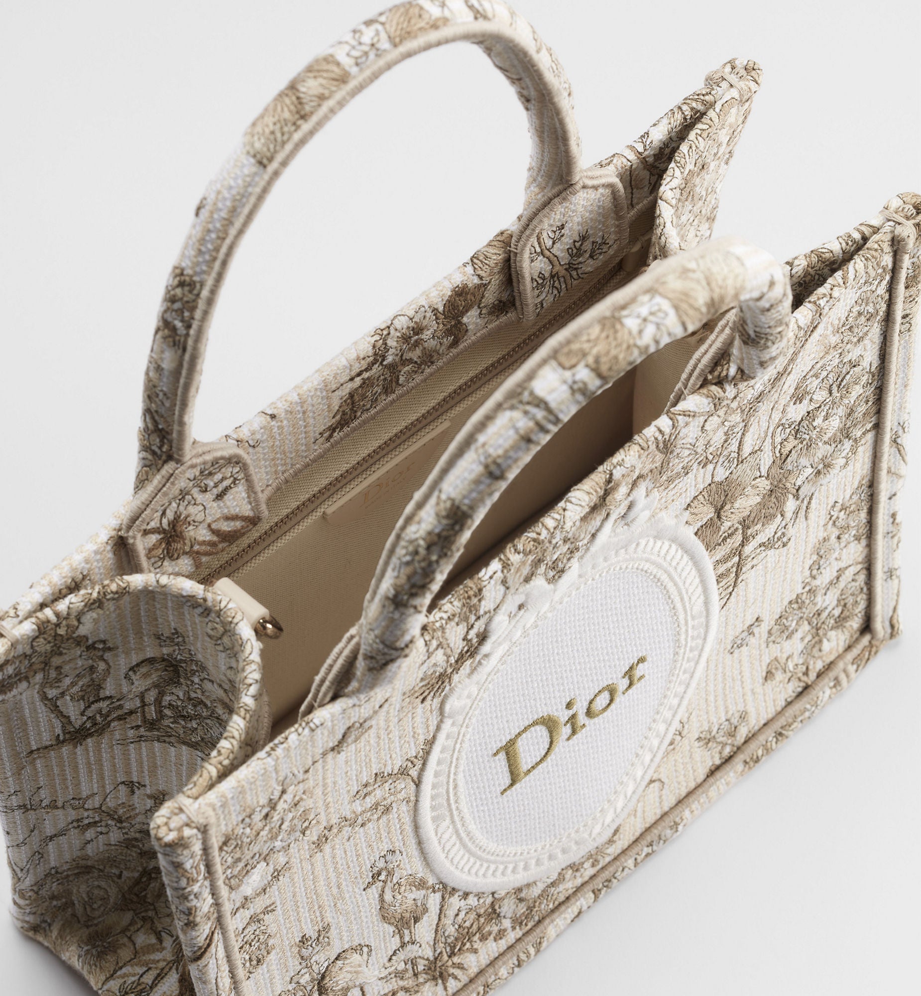 Women's Small Book Tote With Beige Multicolor Toile De Jouy Floral Garden Embroidery And Strap