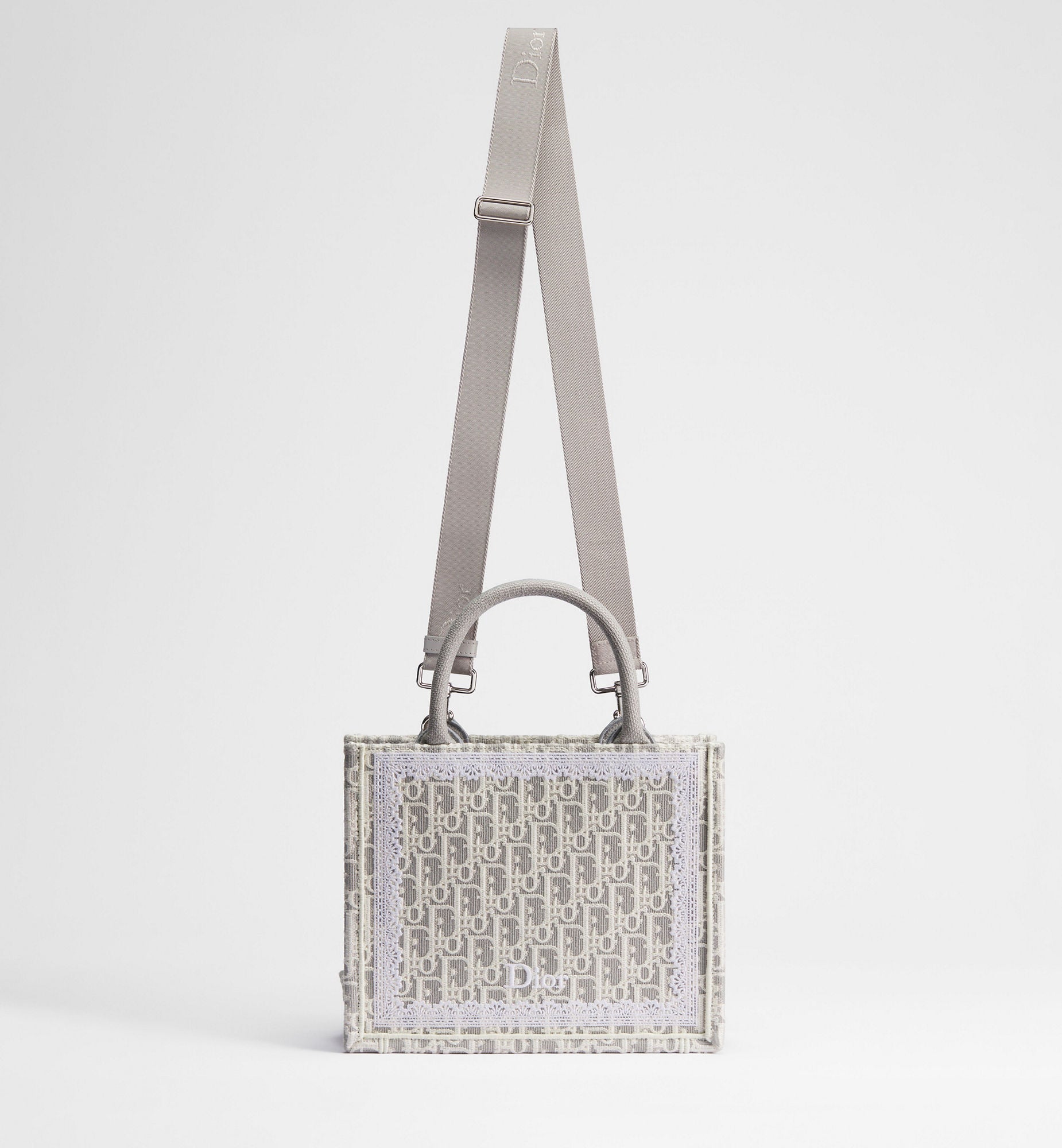 Women's Small Book Tote With Strap In Latte And Gray Oblique Embroidery And White Lace