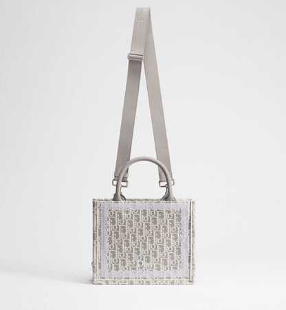Women's Small Book Tote With Strap In Latte And Gray Oblique Embroidery And White Lace