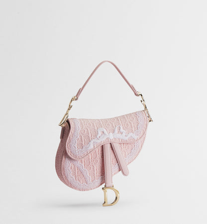 Women's Small Saddle Bag With Soupir Pink Oblique Embroidery And White Lace And Strap