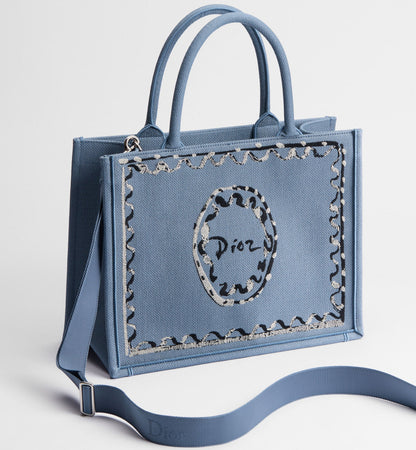 Women's Medium Book Tote With Blue-Greige Painted Ribbon And Shoulder Strap
