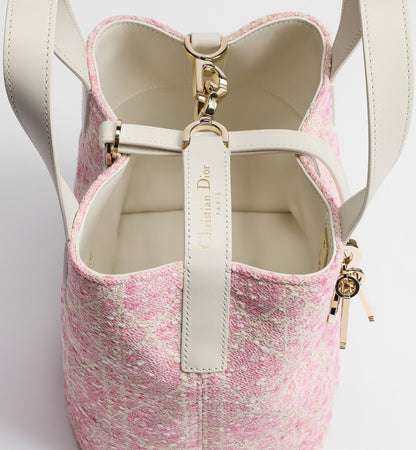 Women's Small Toujours Vertical Tote Bag With Pink Tweed And White Cannage Motif And Strap