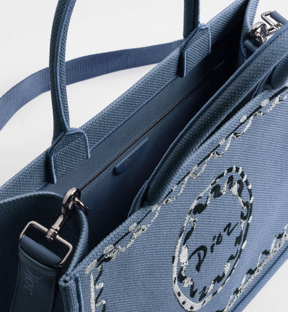 Women's Medium Book Tote With Blue-Greige Painted Ribbon And Shoulder Strap