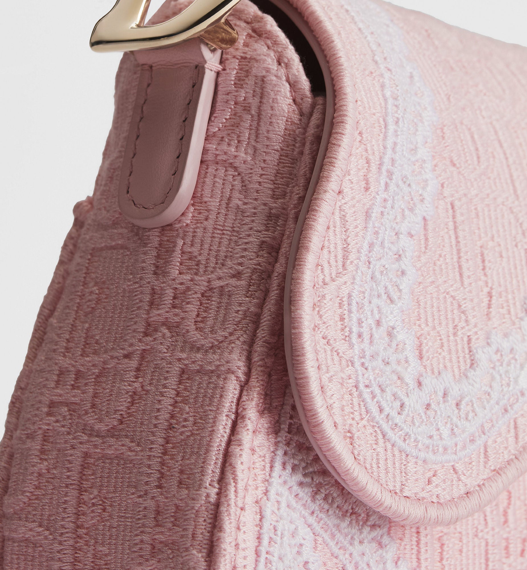 Women's Small Saddle Bag With Soupir Pink Oblique Embroidery And White Lace And Strap
