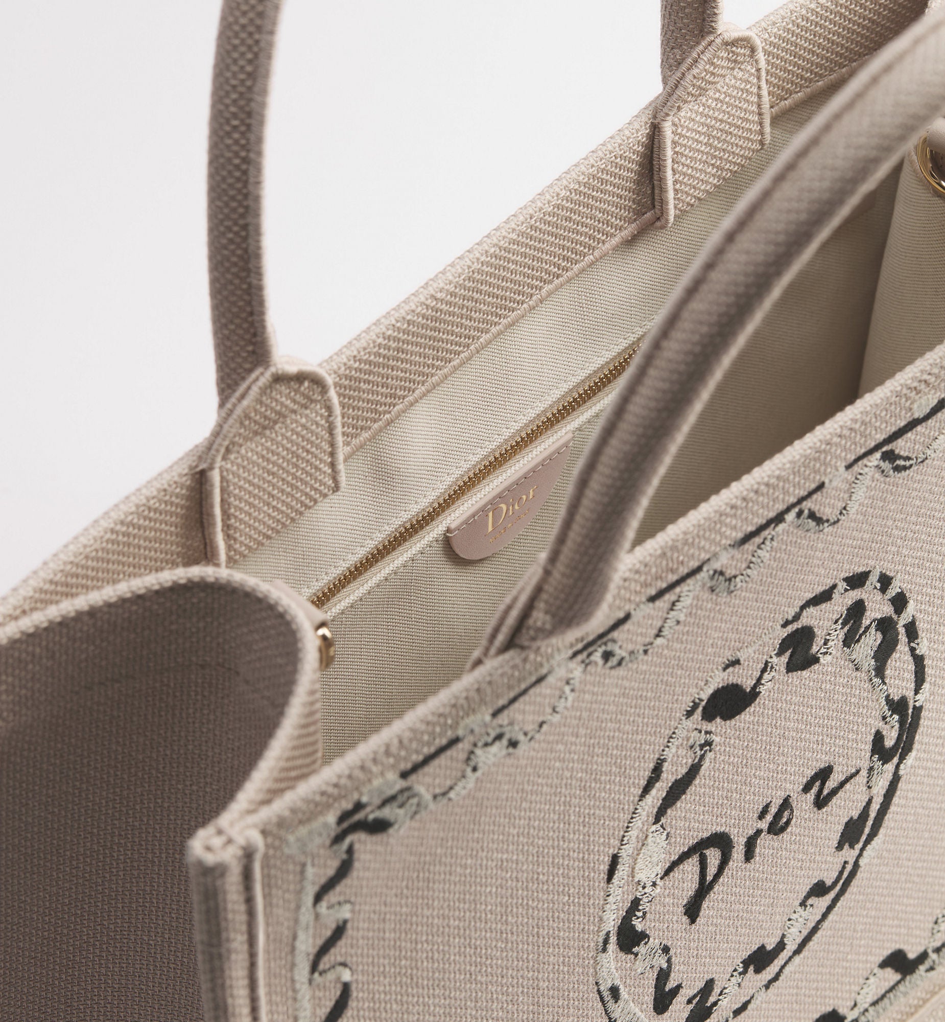 Women's Medium Book Tote With Beige Painted Ribbon Embroidery And Shoulder Strap