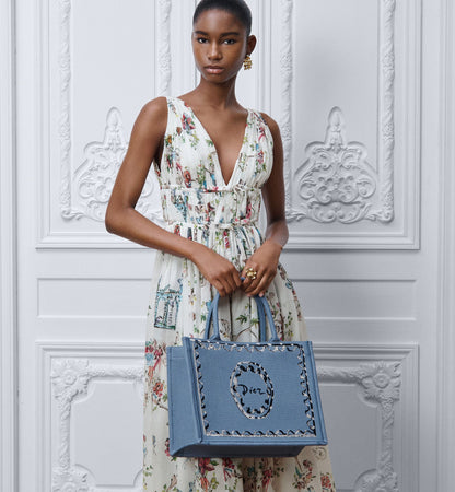Women's Medium Book Tote With Blue-Greige Painted Ribbon And Shoulder Strap