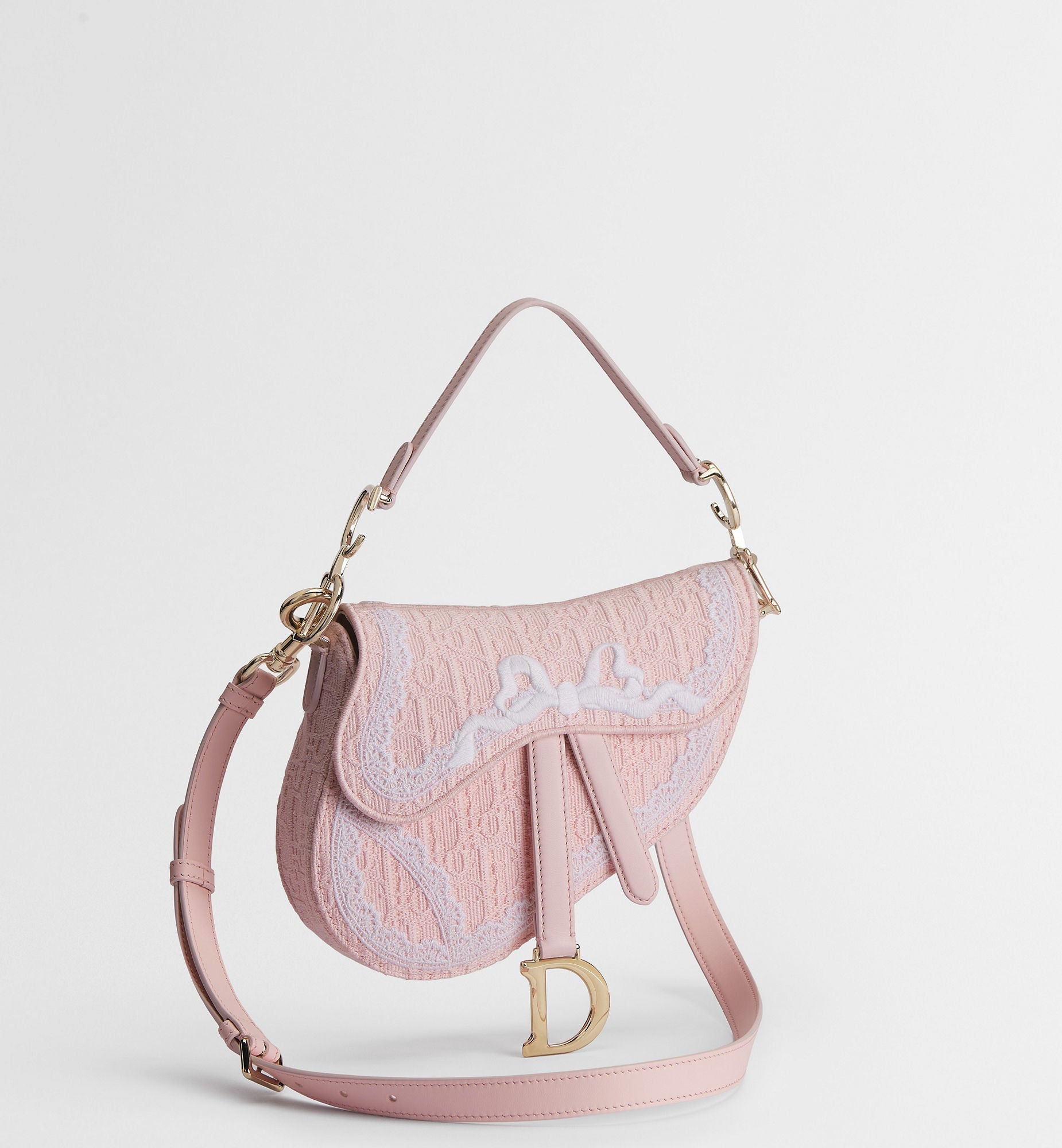 Women's Small Saddle Bag With Soupir Pink Oblique Embroidery And White Lace And Strap