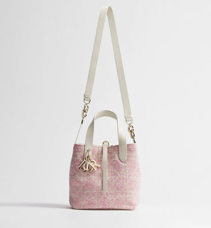 Women's Small Toujours Vertical Tote Bag With Pink Tweed And White Cannage Motif And Strap