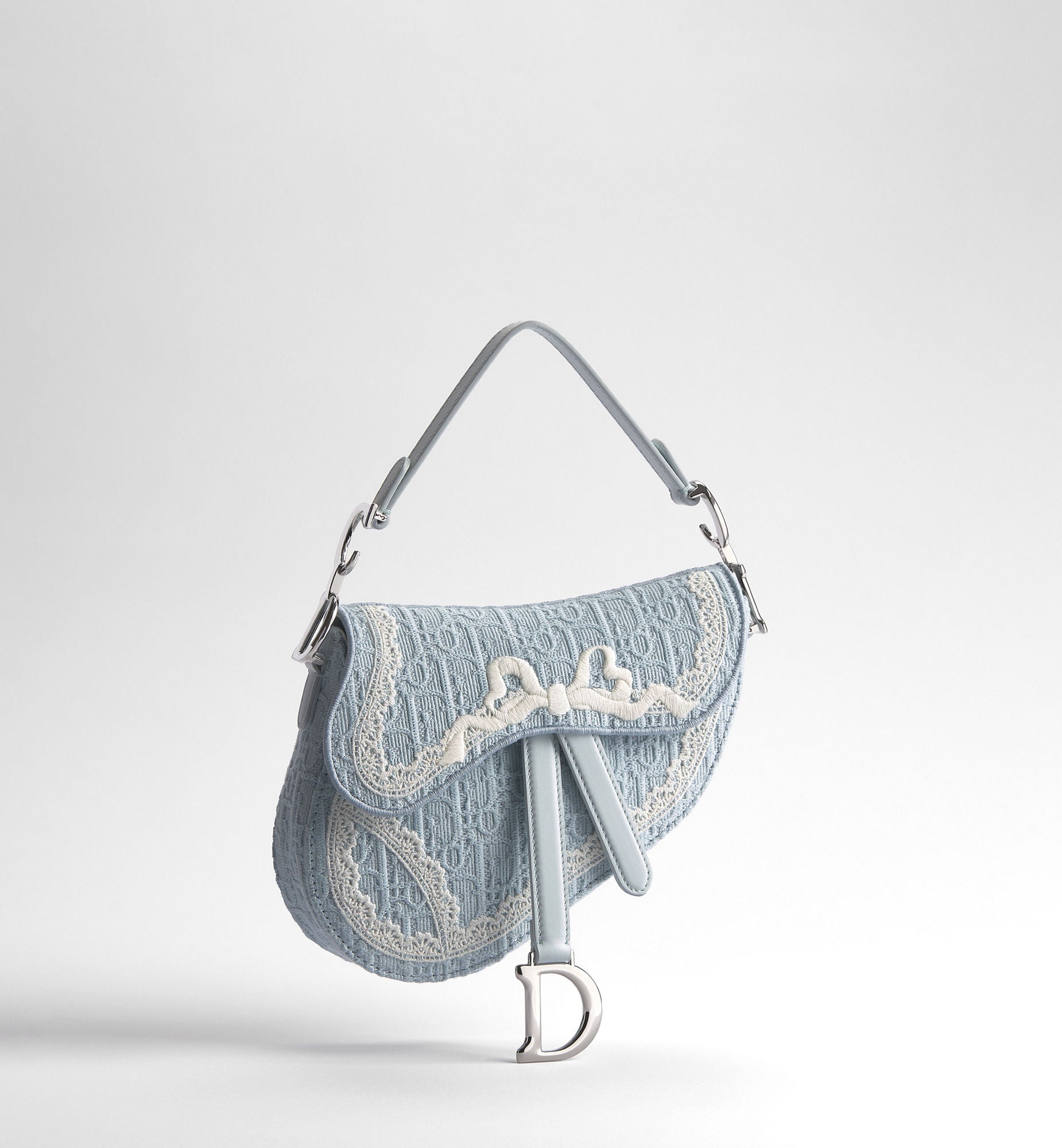Women's Small Saddle Bag With Céleste Blue Oblique Embroidery And White Lace And Strap