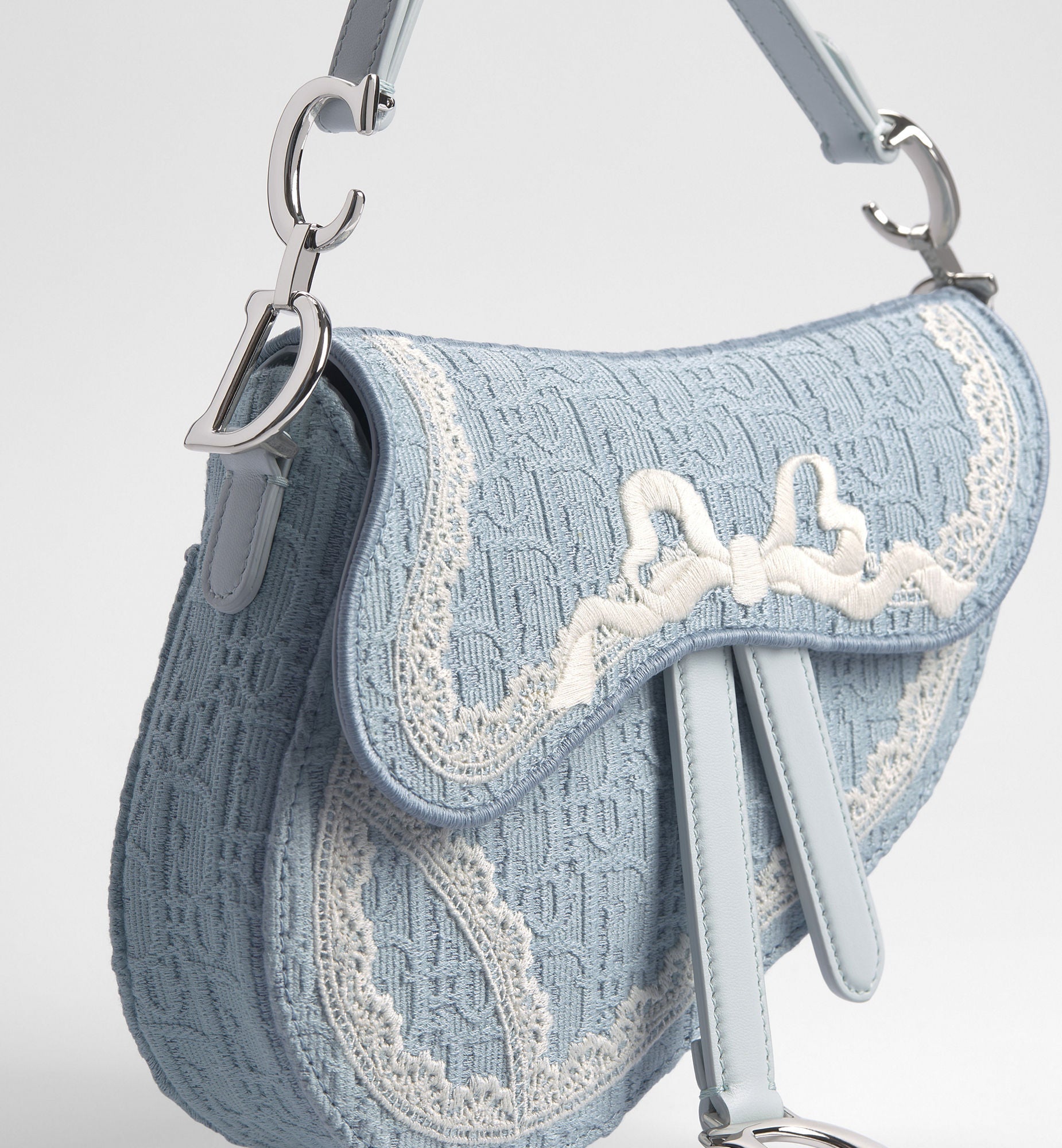 Women's Small Saddle Bag With Céleste Blue Oblique Embroidery And White Lace And Strap