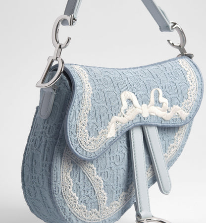 Women's Small Saddle Bag With Céleste Blue Oblique Embroidery And White Lace And Strap