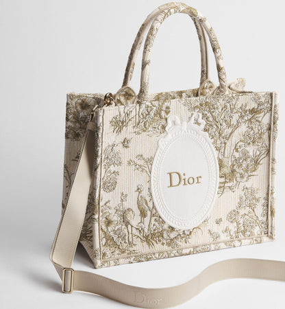Women's Medium Book Tote With Toile de Jouy Garden Embroidery And Strap