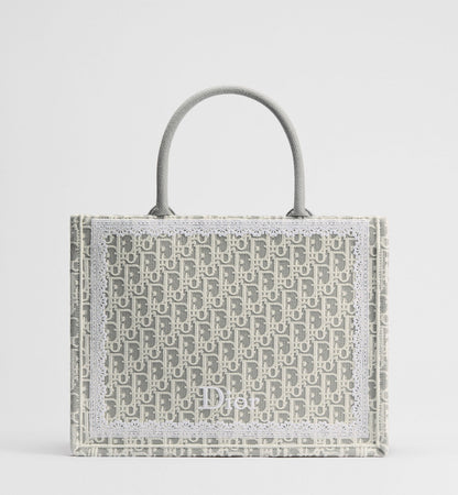 Women's Med Book Tote With Latte & Gray Oblique Embroidery & White Lace & Strap
