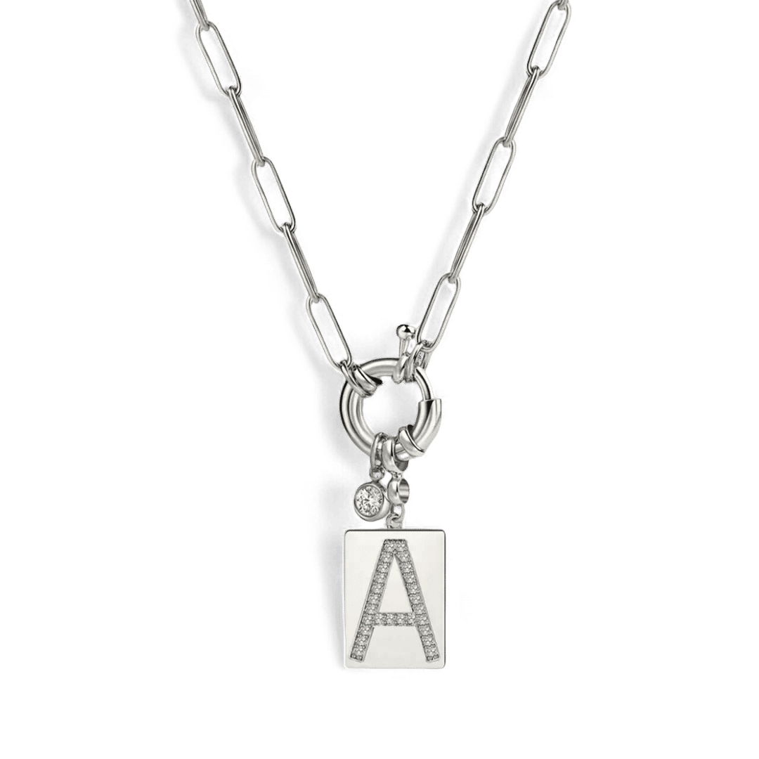 Pave Initial Pendant Necklace with Paperclip Chain