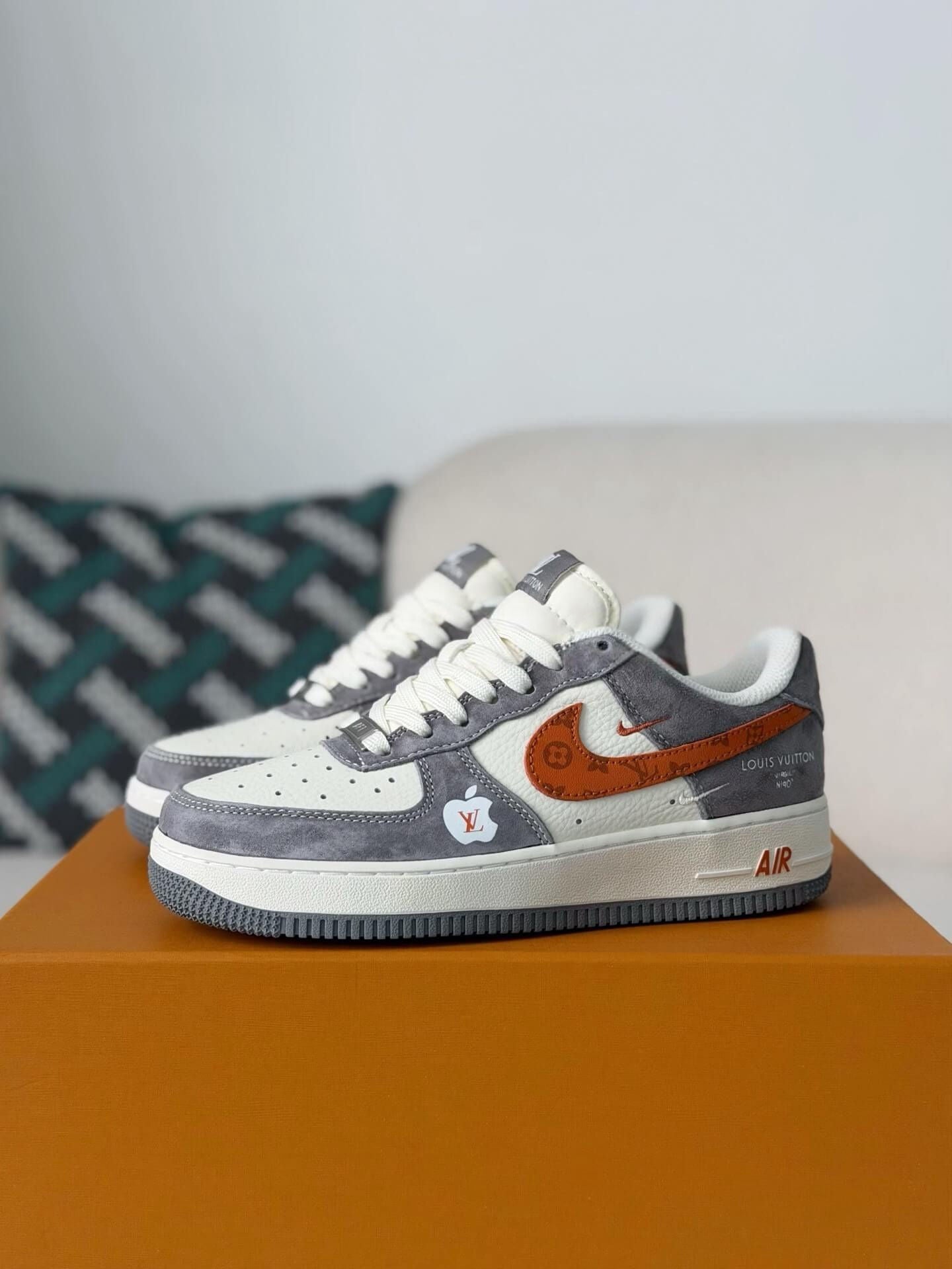 LV x Nike Air Force 1 Low â€œGrey Monogram Orange Swooshâ€