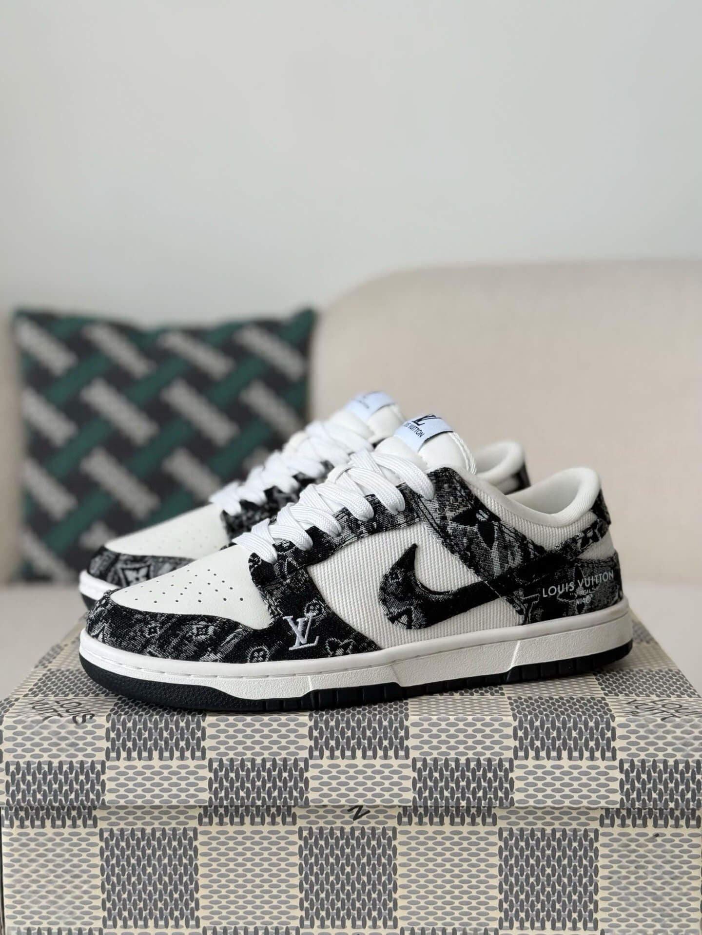 LV x Nike Dunk Low Sneaker in Black and White Monogram Canvas