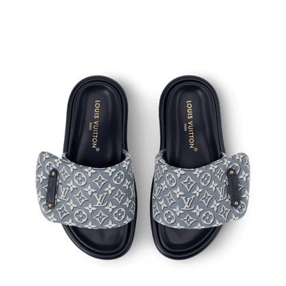 LV Pool Pillow Flat Comfort Mule Blue Jacquard