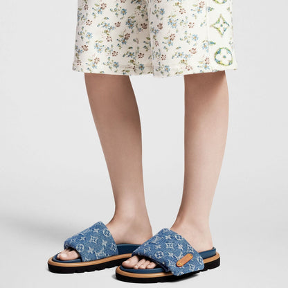 LV Pool Pillow Flat Comfort Mule Blue Denim