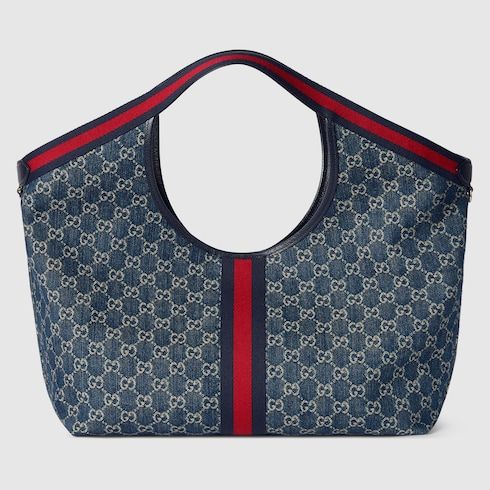 Large Tote Bag With Web GG Denim Detachable Pouch