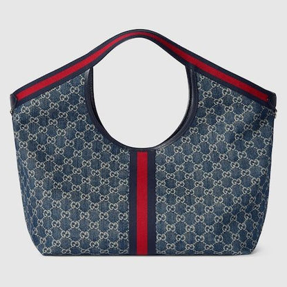 Large Tote Bag With Web GG Denim Detachable Pouch