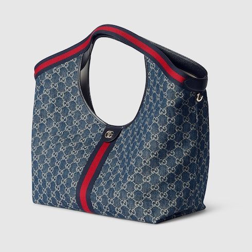 Large Tote Bag With Web GG Denim Detachable Pouch