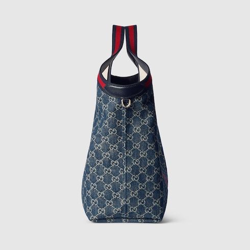 Large Tote Bag With Web GG Denim Detachable Pouch