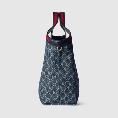 Large Tote Bag With Web GG Denim Detachable Pouch