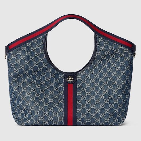 Large Tote Bag With Web GG Denim Detachable Pouch