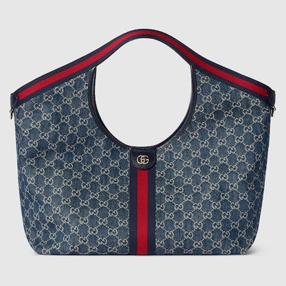 Large Tote Bag With Web GG Denim Detachable Pouch