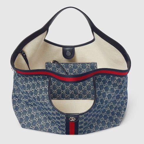 Large Tote Bag With Web GG Denim Detachable Pouch