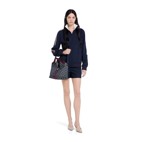 Small Tote Bag With Web GG Denim Detachable Pouch