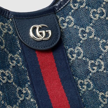 Small Tote Bag With Web GG Denim Detachable Pouch