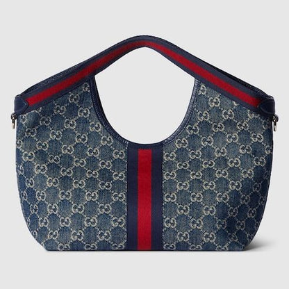 Small Tote Bag With Web GG Denim Detachable Pouch