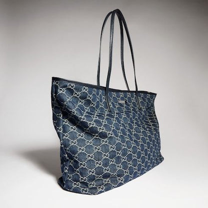 Large Tote Bag With GG Denim And Logo Plaque