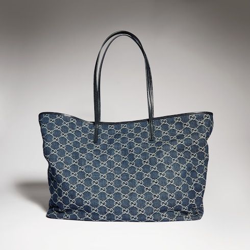 Large Tote Bag With GG Denim And Logo Plaque