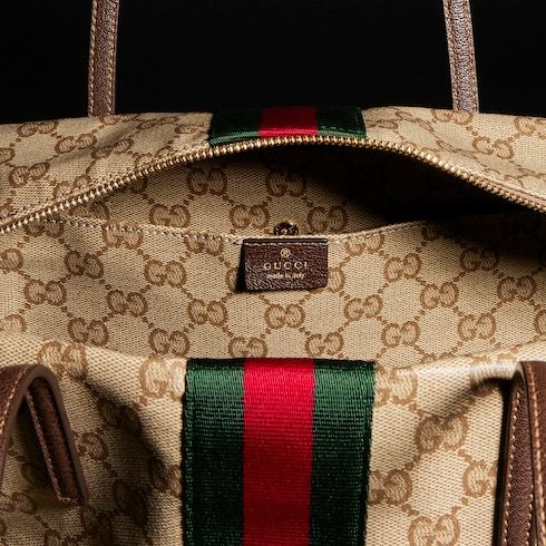 Medium Boston Bag With Web GG Coated Canvas