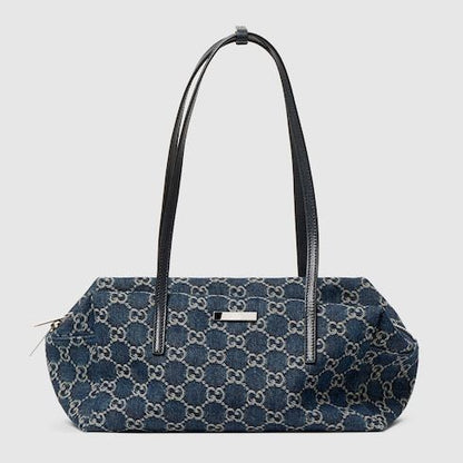 Medium Boston Bag With GG Denim And Web