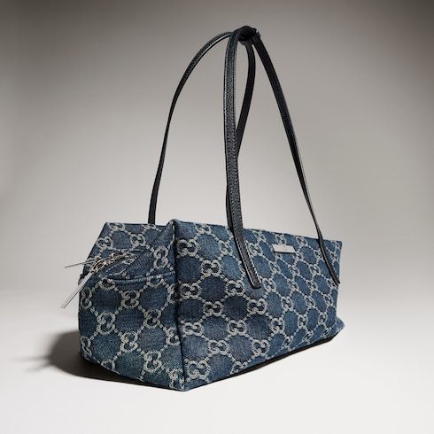 Medium Boston Bag With GG Denim And Web