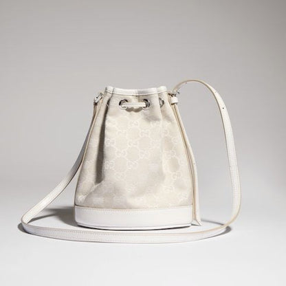 Mini Bucket Bag With GG Denim And Logo Plaque