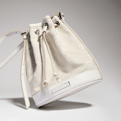 Mini Bucket Bag With GG Denim And Logo Plaque