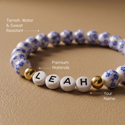 Custom Name Blue Porcelain Floral Beaded Bracelet