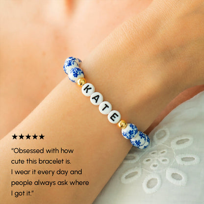 Custom Name Blue Porcelain Floral Beaded Bracelet