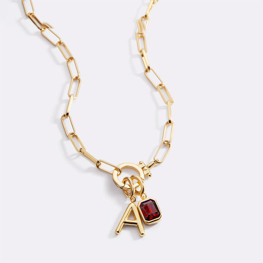 Paperclip Necklace with Initial & Birthstone Charm