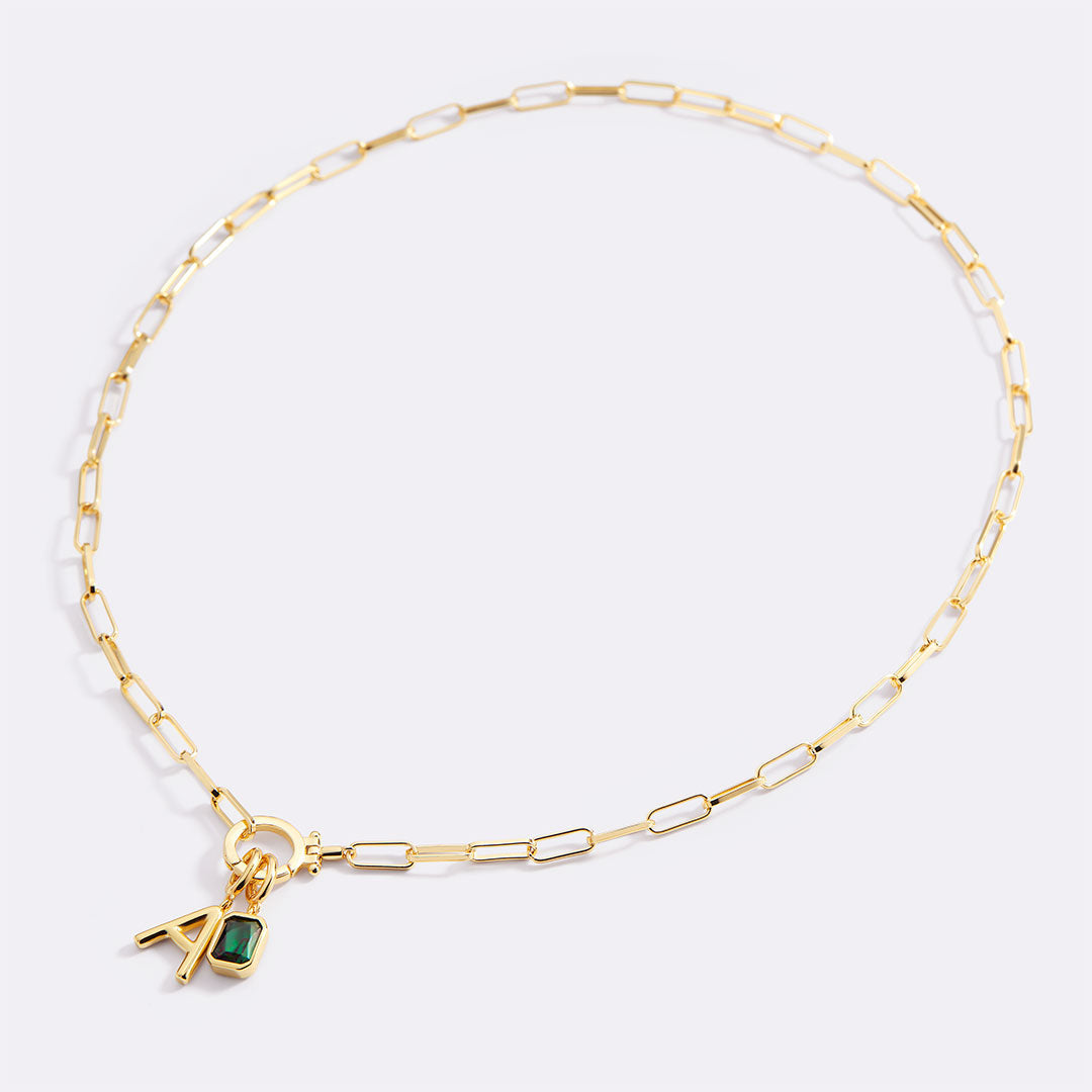 Paperclip Necklace with Initial & Birthstone Charm